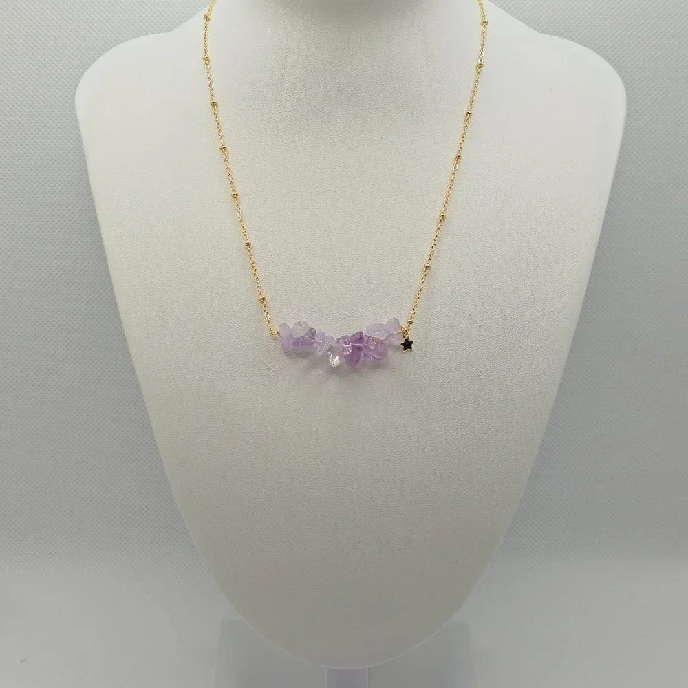 Natural Purple Stone‎ Chips Birthstone Necklace (February, NWOT)